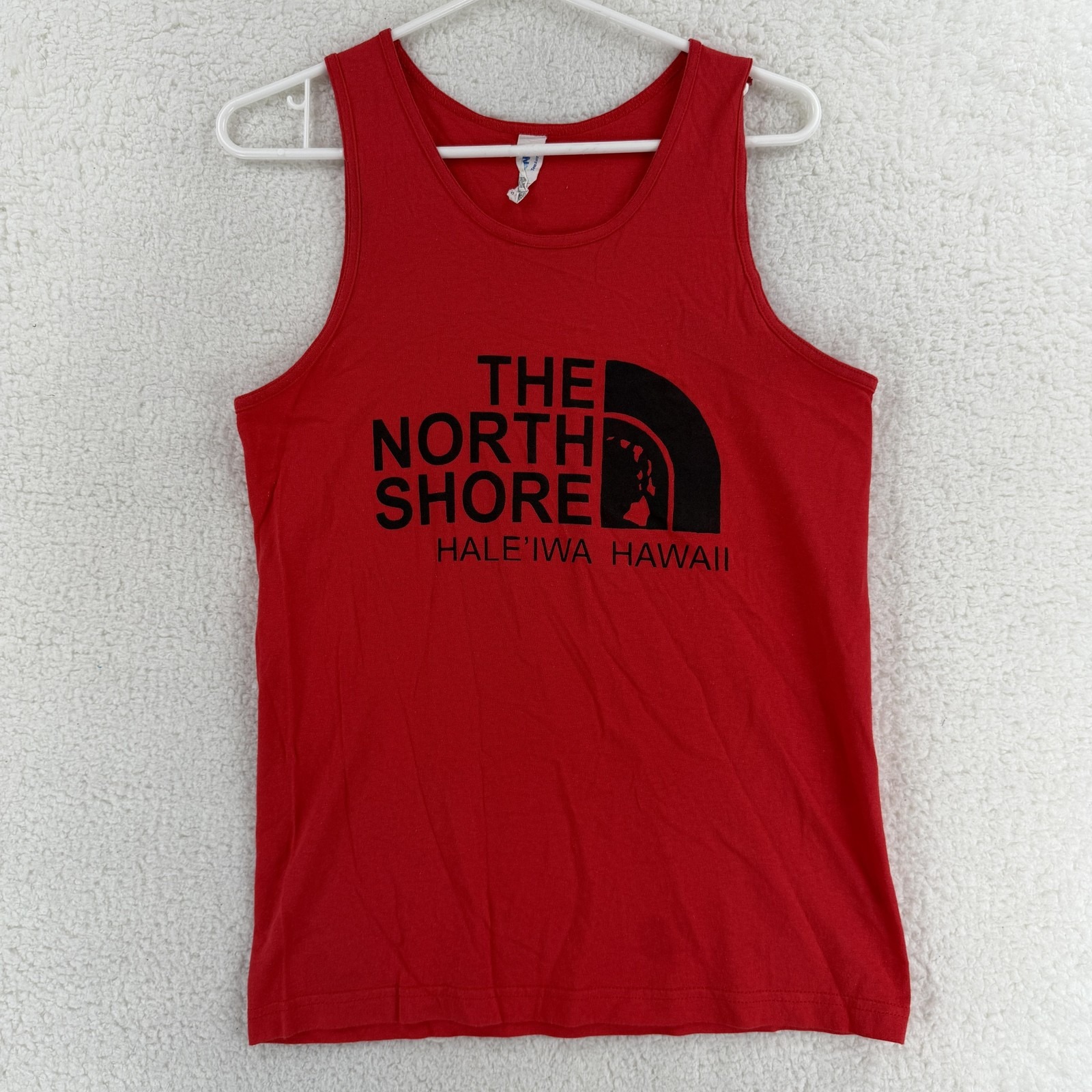 The North Shore Tank Top Shirt Mens Small Red Graphic Haleiwa Hawaii Parody
